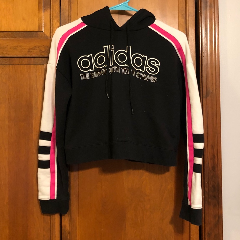 Adidas Cropped Hoodie Sweatshirt Stripes XS